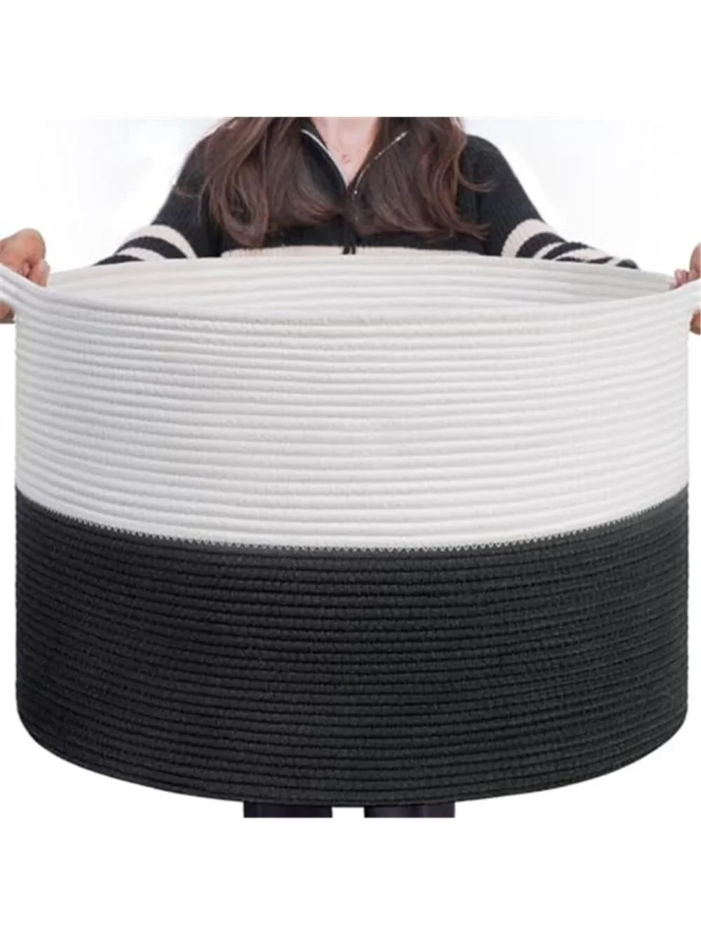 New XXXLarge Woven Rope Blanket Basket Living Room White Black, 90L